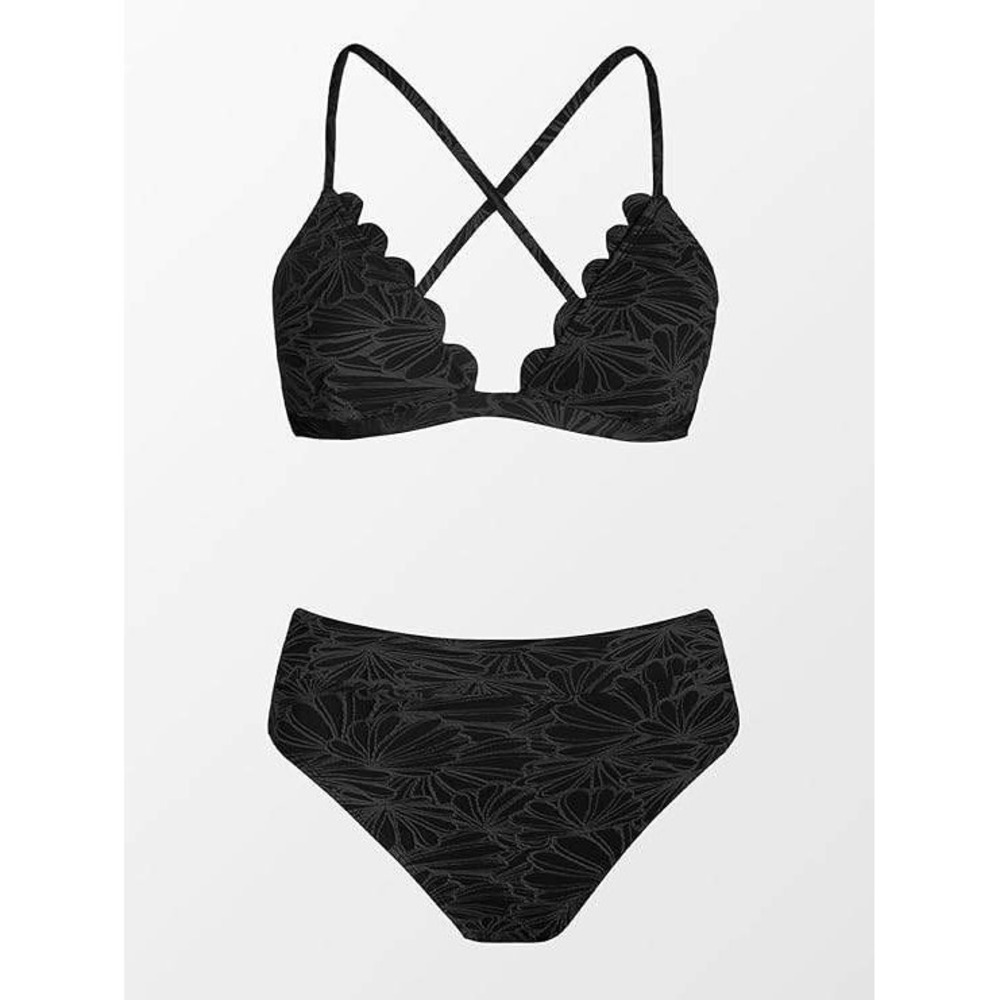 Cupshe Black Floral Texture Scalloped‎ High Waist Criss Cross Bikini Set M